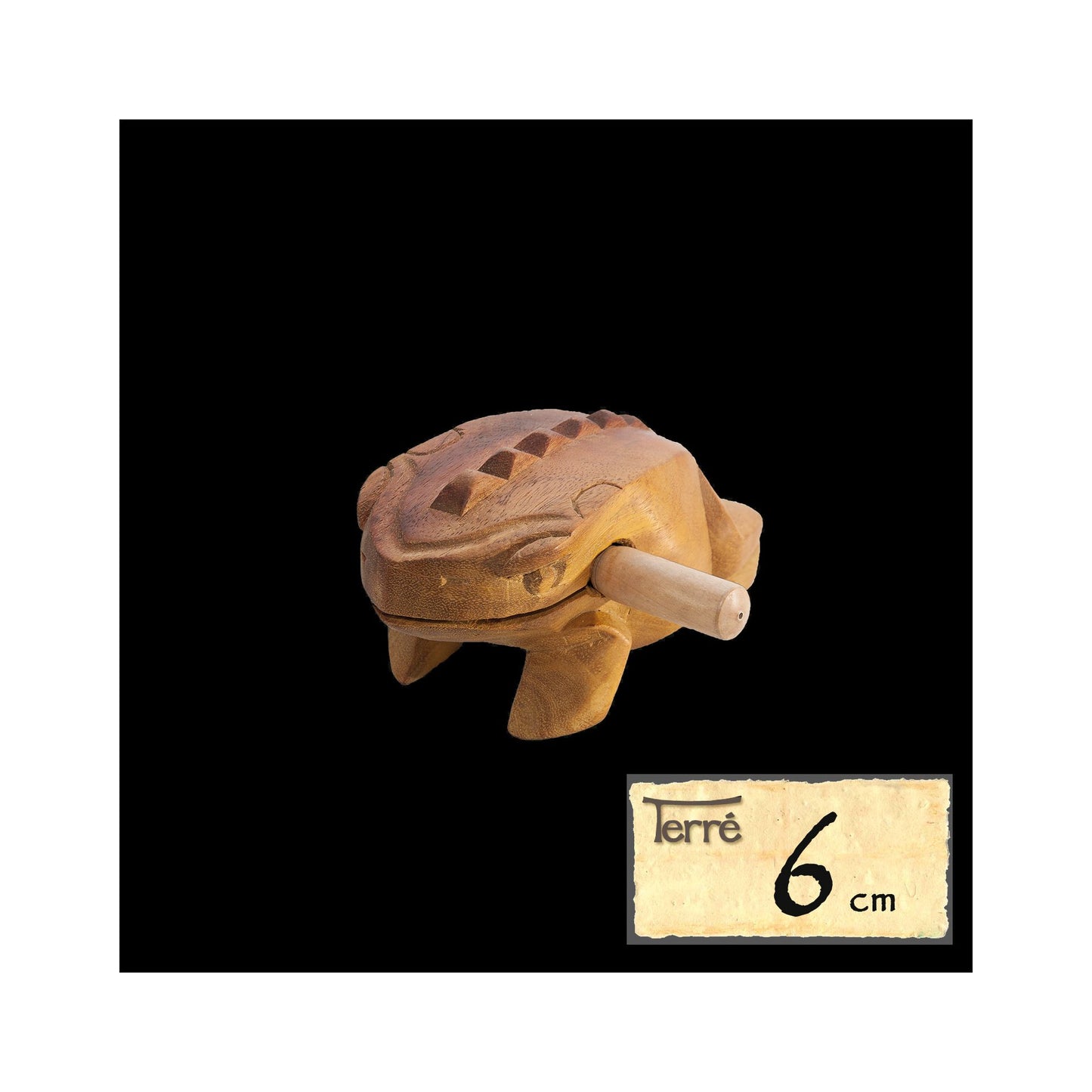 Guiro en bois en forme de grenouille. 3 tailles au choix : de 6 à 20 cm. Livré avec bâton !