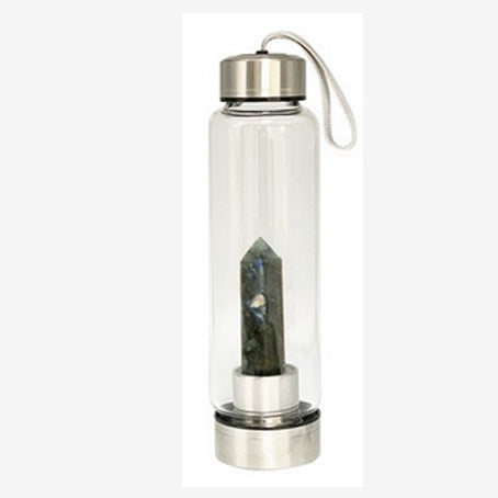 Sélection de carafes en verre et acier inoxydable de 550 ml. Pour élixir ou dynamisation de l'eau, au choix : Améthyste, Labradorite, œil de tigre ou Cristal de roche. Vendu avec housse !