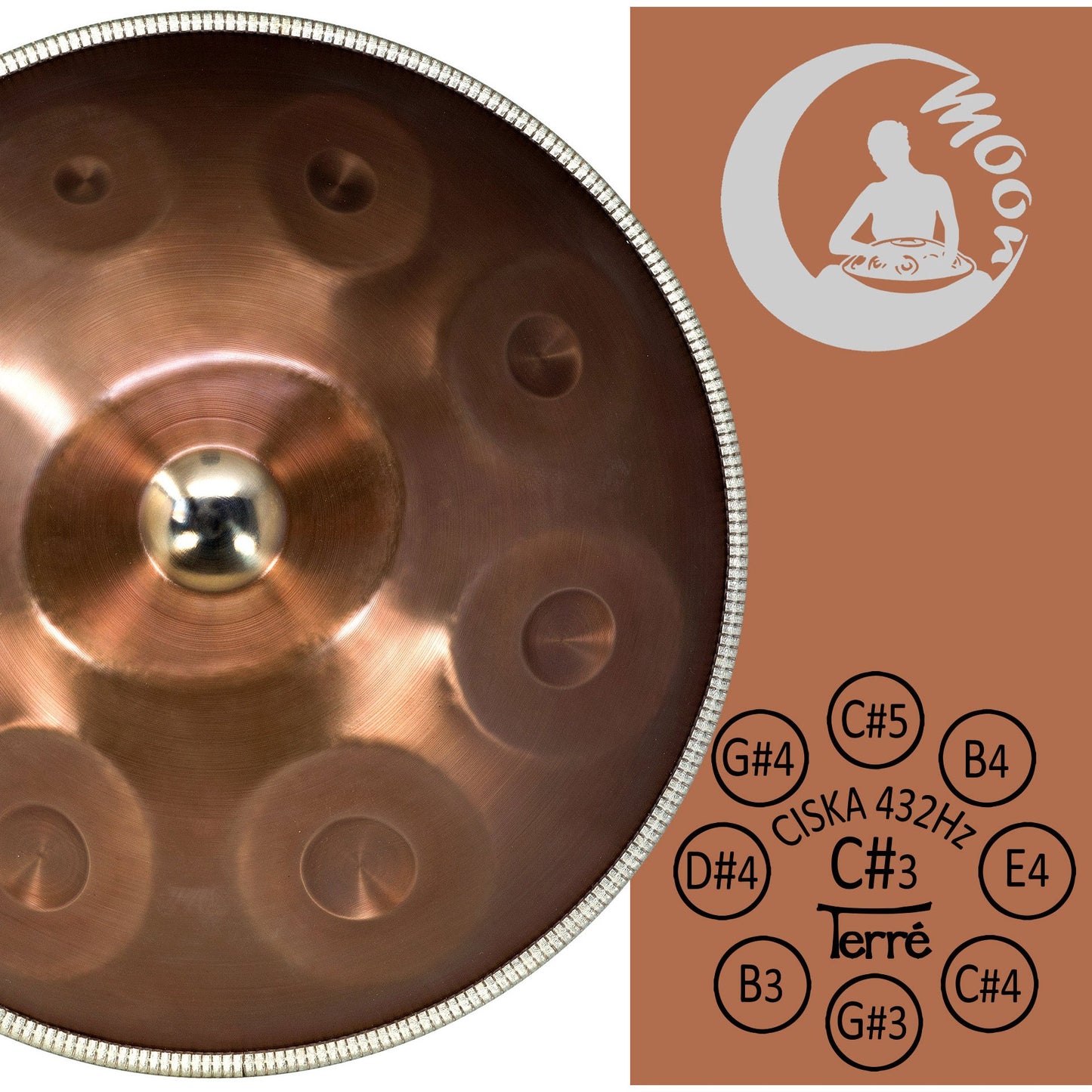 Handpan Moon II, 9 notes, 57 cm, 4,7 kg, sons profonds et longs, léger et transportable, livré avec housse à bretelle !