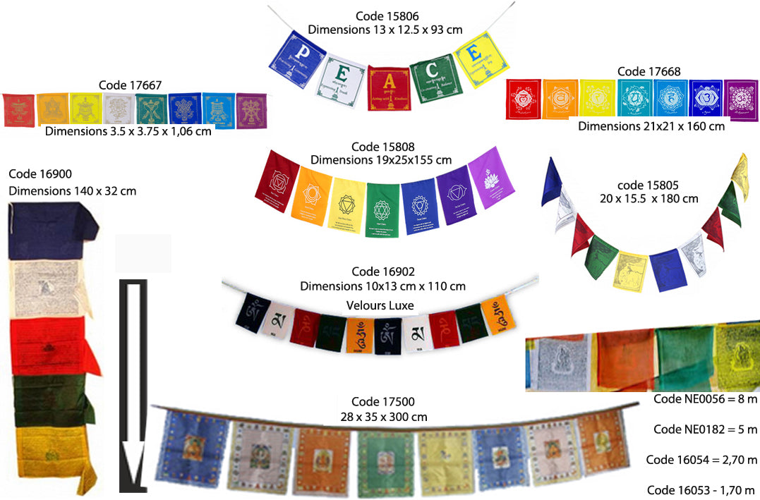 Sélection de drapeaux de prières Bouddhiste, de 0,93 à 8m de long. Très belle qualité, parfait pour les Rituels, effets assurés !
