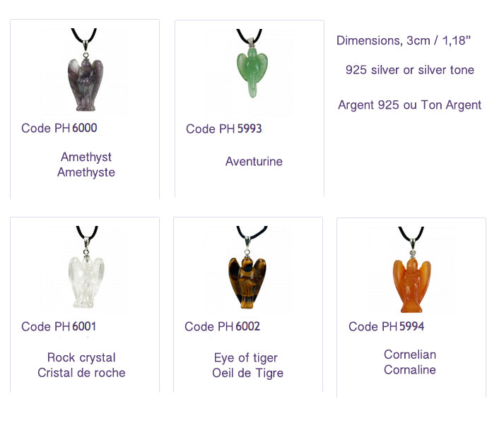 Ange en pierre naturelle, pendentif de 30 millimètres x 25 x 10 millimètres. Choisissez la pierre qui vous ressemble : en améthyste, aventurine, cristal de roche, cornaline ou oeil de tigre. Livré avec cordon coulissant, prêt à porté ou à offrir !