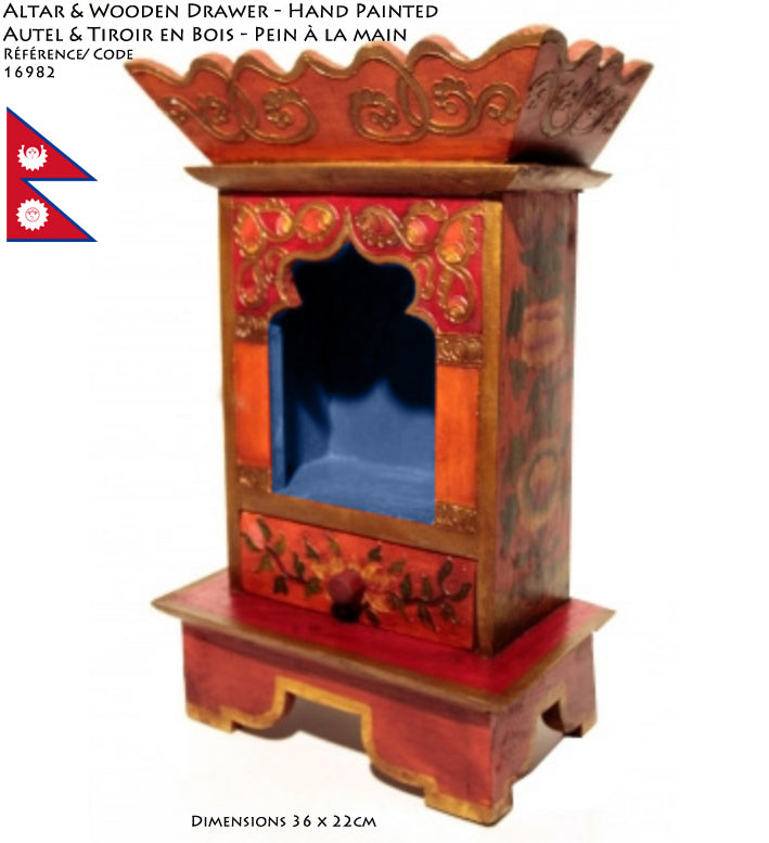 Selection of wooden altars with drawers, hand-painted in Nepal. 2 models to choose from: 16.5x22x14 cm or 36x22x9 cm. Very good quality, typical patterns!