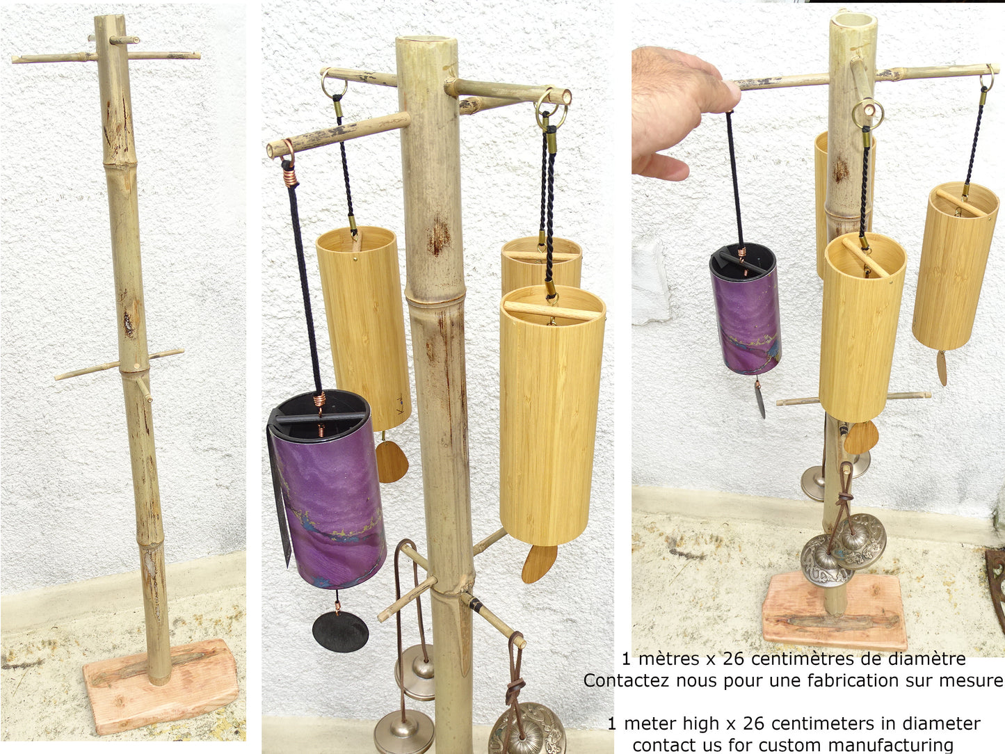 Création Zen Crurisoity, supports en bois pour carillon de style Koshi, Zaphir ou autres, de 45 ou 110 centimètres de haut, base de 20x20x4 cm..