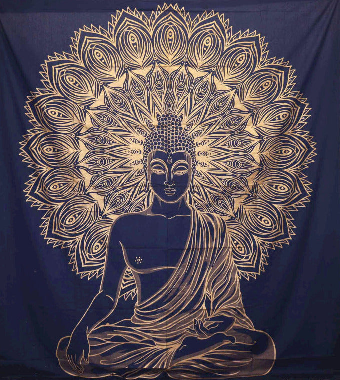 Tenture Murale/ Couvre-Lit Double en Coton - Bouddha - Or & Bleu - 230 x 200 cm