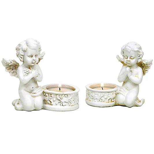 Set de 2 anges en prière avec bougeoir – 10x9 cm, 230 g. Pour méditation, déco ou souvenir lumineux.