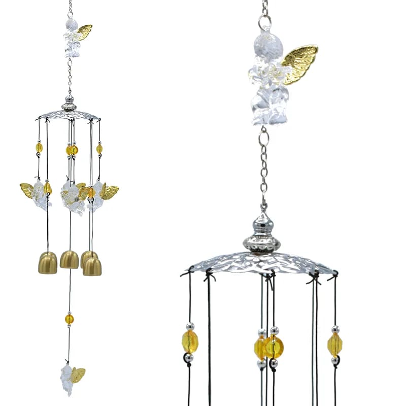 Carillon à vent a cinq cloches avec des anges transparents aux ailes dorées - 65 cm - 143 gr.