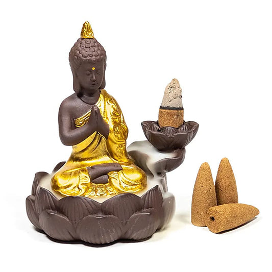 Brûleur d'encens à refoulement avec 'Bouddha', en céramique de 12x10x9 cm - ± 300 gr. Pour brûler l'encens à refoulement ou cônes normal !