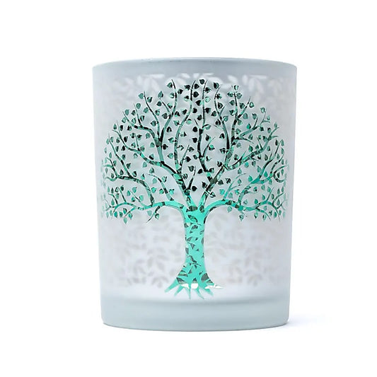 Photophore/ bougeoir, finition 'givré' avec un superbe motif de l'Arbre de Vie, taille de 10x12.5 cm - 500 gr. - Convient aux bougies chauffe plat et jusqu'à 4 cm environ !