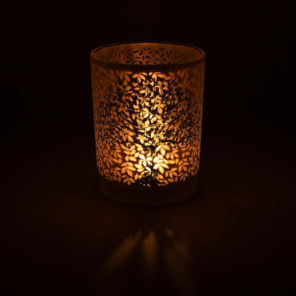 Photophore/ bougeoir, finition 'givré' avec un superbe motif de l'Arbre de Vie, taille de 10x12.5 cm - 500 gr. - Convient aux bougies chauffe plat et jusqu'à 4 cm environ !
