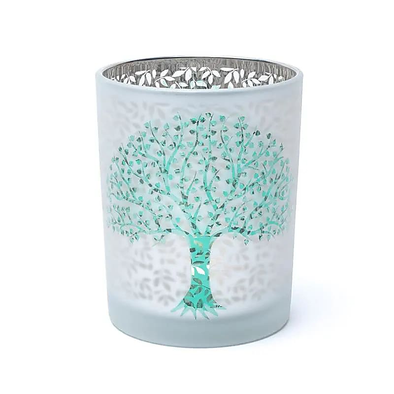 Photophore/ bougeoir, finition 'givré' avec un superbe motif de l'Arbre de Vie, taille de 10x12.5 cm - 500 gr. - Convient aux bougies chauffe plat et jusqu'à 4 cm environ !