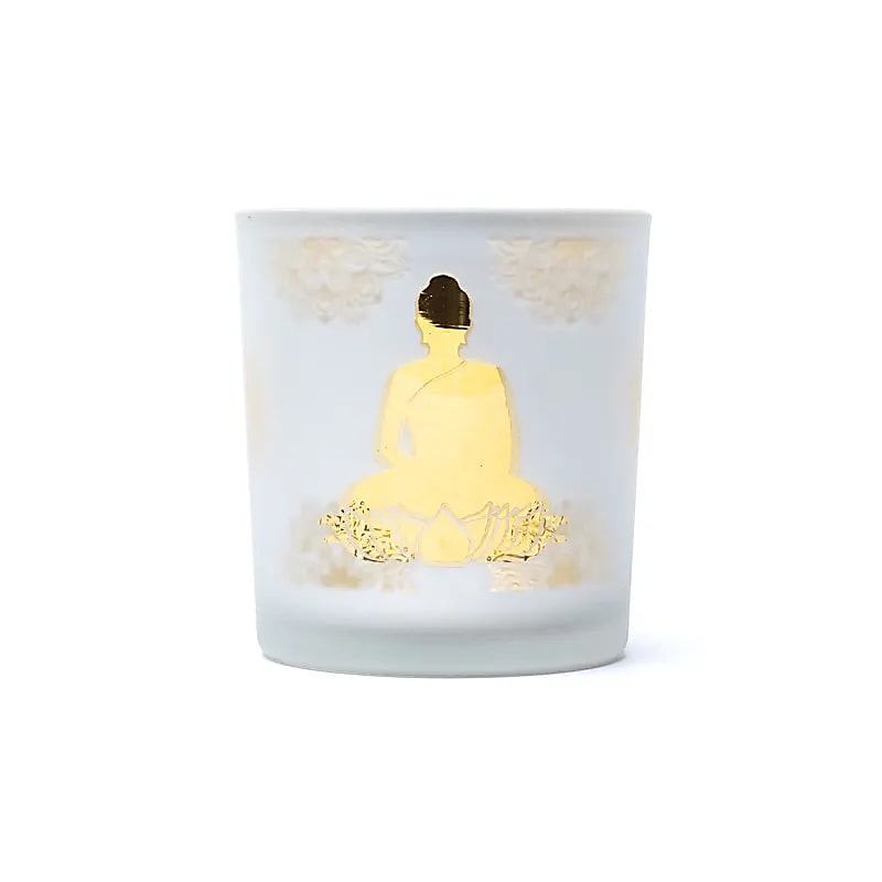 Photophore/ bougeoir, finition 'givré' avec le motif de Bouddha, 7,3x8 cm - 170 gr. - Convient aux bougies chauffe-plat !