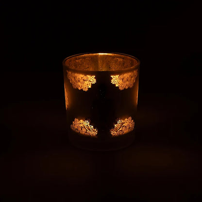 Photophore/ bougeoir, finition 'givré' avec le motif de Bouddha, 7,3x8 cm - 170 gr. - Convient aux bougies chauffe-plat !