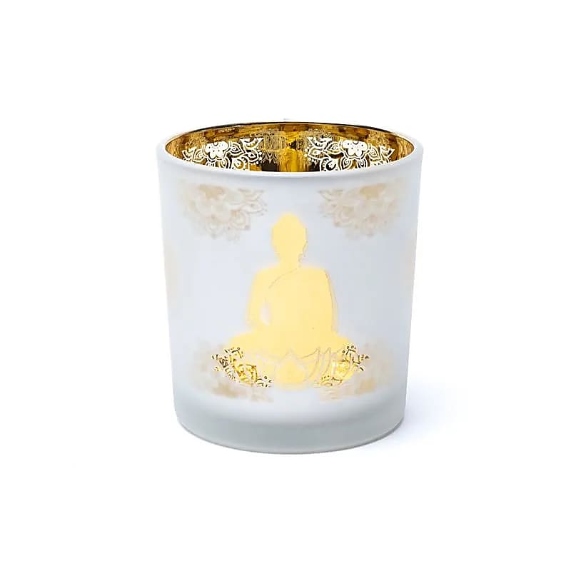 Photophore/ bougeoir, finition 'givré' avec le motif de Bouddha, 7,3x8 cm - 170 gr. - Convient aux bougies chauffe-plat !