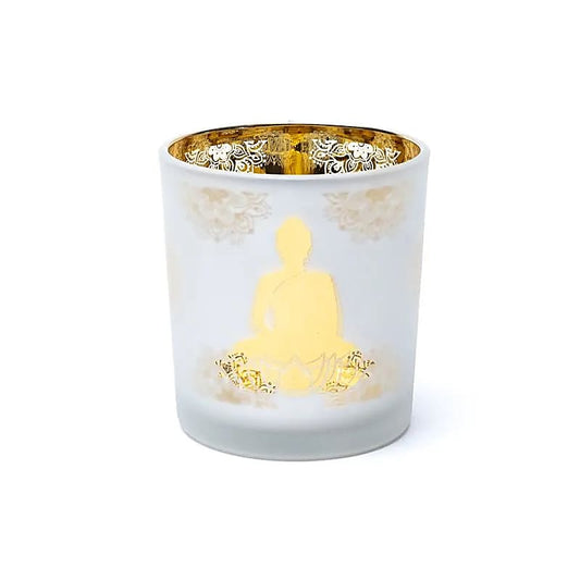 Photophore/ bougeoir, finition 'givré' avec le motif de Bouddha, 7,3x8 cm - 170 gr. - Convient aux bougies chauffe-plat !