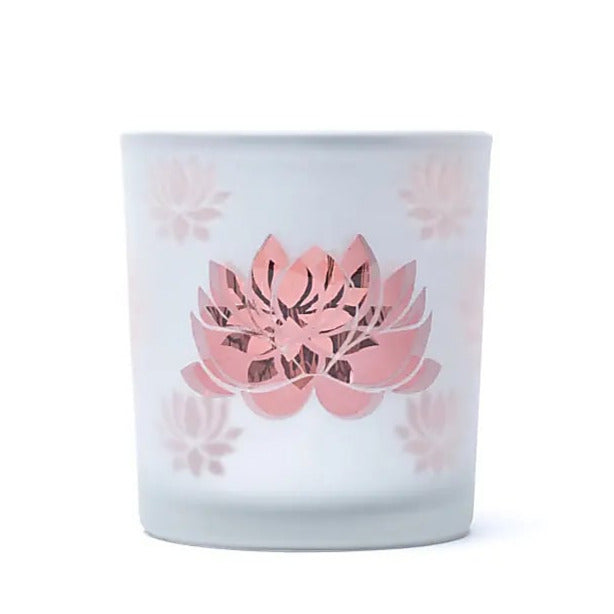Magnifique photophore/ bougeoir, finition 'givré' avec le motif du Lotus, 2 tailles au choix : 7,3x8 ou 10x12.5 cm - ± 170 gr. - Convient aux bougies chauffe-plat !