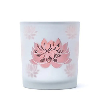 Magnifique photophore/ bougeoir, finition 'givré' avec le motif du Lotus, 2 tailles au choix : 7,3x8 ou 10x12.5 cm - ± 170 gr. - Convient aux bougies chauffe-plat !