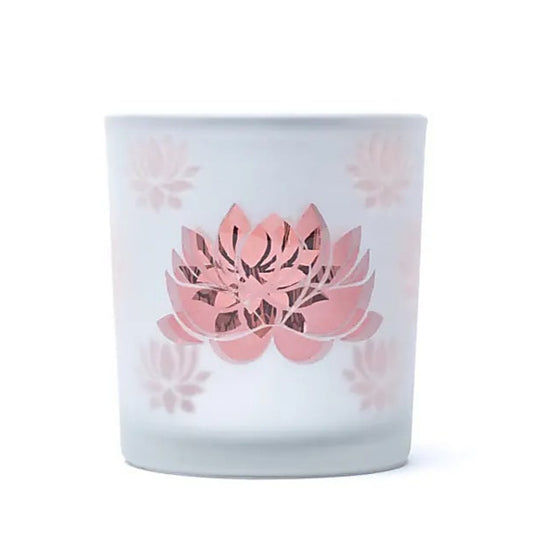 Magnifique photophore/ bougeoir, finition 'givré' avec le motif du Lotus, 2 tailles au choix : 7,3x8 ou 10x12.5 cm - ± 170 gr. - Convient aux bougies chauffe-plat !