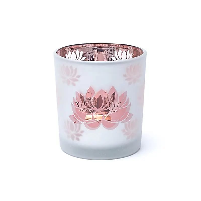 Magnifique photophore/ bougeoir, finition 'givré' avec le motif du Lotus, 2 tailles au choix : 7,3x8 ou 10x12.5 cm - ± 170 gr. - Convient aux bougies chauffe-plat !