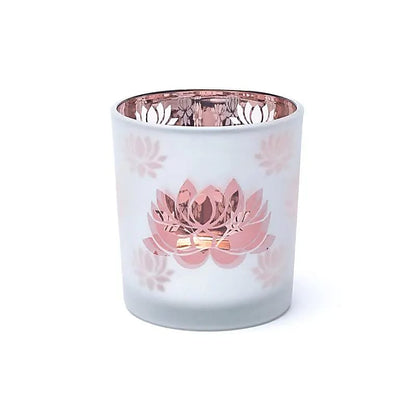 Magnifique photophore/ bougeoir, finition 'givré' avec le motif du Lotus, 2 tailles au choix : 7,3x8 ou 10x12.5 cm - ± 170 gr. - Convient aux bougies chauffe-plat !