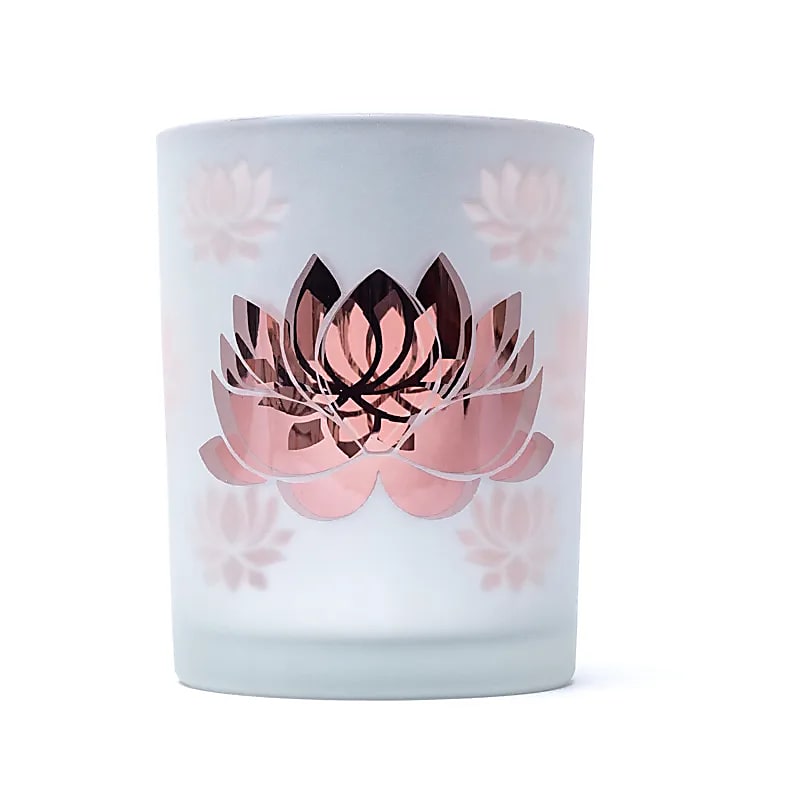 Magnifique photophore/ bougeoir, finition 'givré' avec le motif du Lotus, 2 tailles au choix : 7,3x8 ou 10x12.5 cm - ± 170 gr. - Convient aux bougies chauffe-plat !