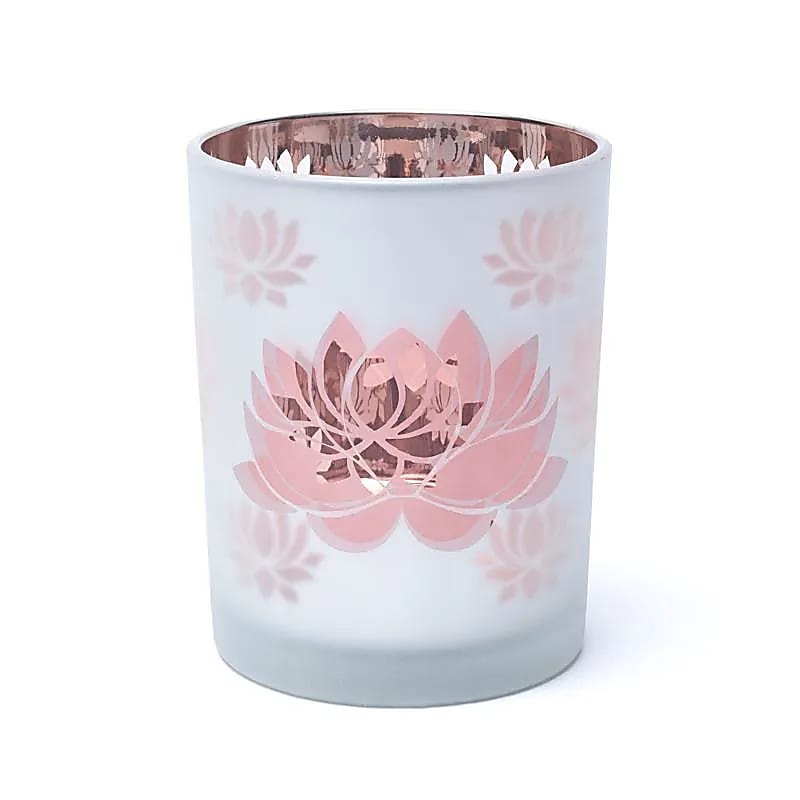 Magnifique photophore/ bougeoir, finition 'givré' avec le motif du Lotus, 2 tailles au choix : 7,3x8 ou 10x12.5 cm - ± 170 gr. - Convient aux bougies chauffe-plat !