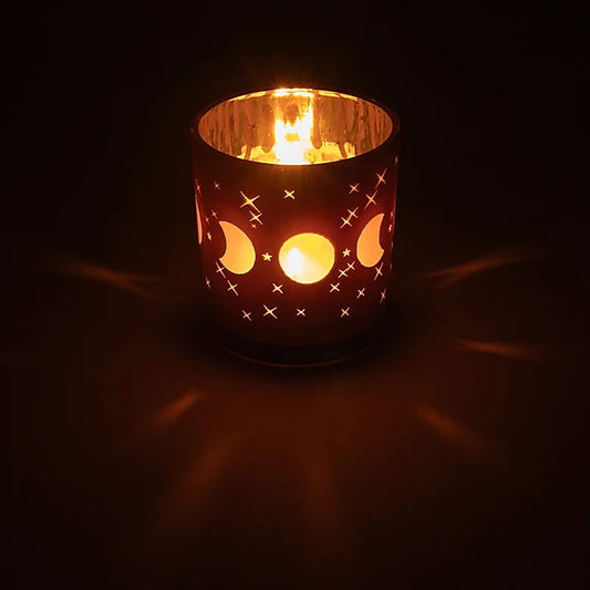 Photophore/ bougeoir, finition 'givré' avec le motif des phases de la lune, 2 tailles au choix : 10x12,5cm et 7,3x8 cm - 170/ 340 gr. - Convient aux bougies chauffe-plat et bougie moyenne !