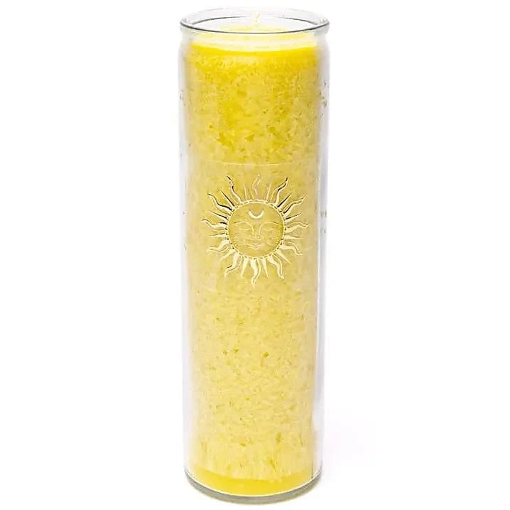 Bougie avec motif du Soleil - Équitable Non Parfumée en Cire de Palme Durable – Verre recyclé - 21 cm