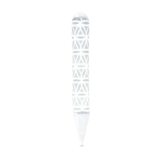 Baguette de massage en Sélénite avec gravure de la Fleur de vie – 15,2 x 2 cm - 100 gr.