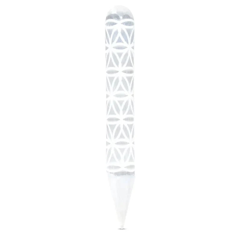 Baguette de massage en Sélénite avec gravure de la Fleur de vie – 15,2 x 2 cm - 100 gr.