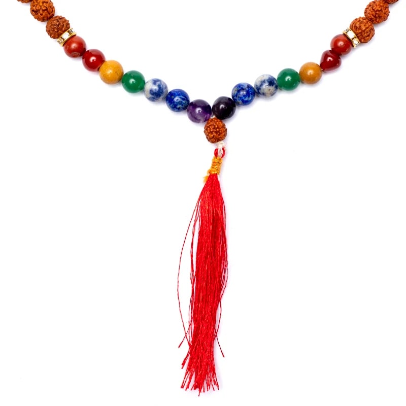 Rudraksha seed and 7 chakra bead mala - 108 beads of ± 8 mm - Size 85 cm - Storage pouch included!
