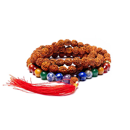 Rudraksha seed and 7 chakra bead mala - 108 beads of ± 8 mm - Size 85 cm - Storage pouch included!