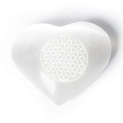 Cœur en Sélénite, avec gravure de symbole de la fleur de vie - 5 x 4,5 cm - 45 gr.