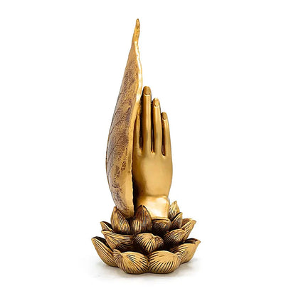 Ornement doré représentant deux mains soutenant une femme en méditation  26 x 15 x 11,5 cm