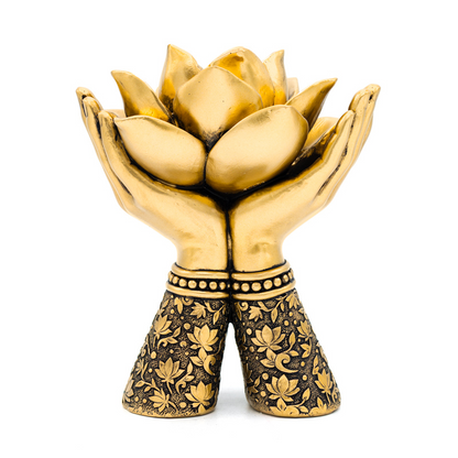 Photophore doré en forme de mains tenant un lotus -  14x11.2x17 cm