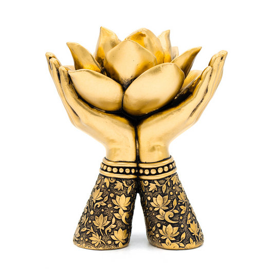 Photophore doré en forme de mains tenant un lotus -  14x11.2x17 cm