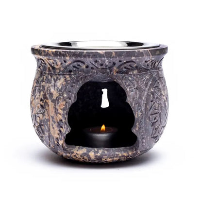 Encensoir/ lampe XXL de 14 cm - 1,5 kg. En stéatite, qualité lourde. La stéatite est un produit naturel dont les couleurs peuvent varier du clair au foncé ou du marbré. Livré avec un tamis et un plateau !