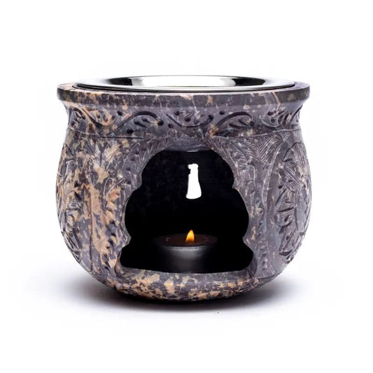 Encensoir/ lampe XXL de 14 cm - 1,5 kg. En stéatite, qualité lourde. La stéatite est un produit naturel dont les couleurs peuvent varier du clair au foncé ou du marbré. Livré avec un tamis et un plateau !