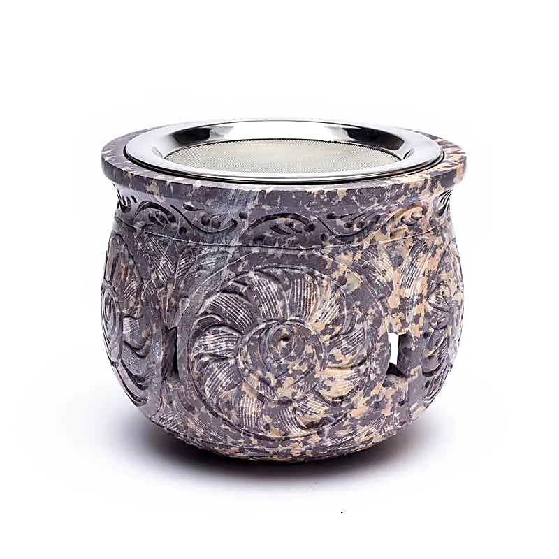 Encensoir/ lampe XXL de 14 cm - 1,5 kg. En stéatite, qualité lourde. La stéatite est un produit naturel dont les couleurs peuvent varier du clair au foncé ou du marbré. Livré avec un tamis et un plateau !