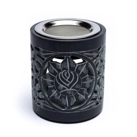 Encensoir/ Lampe en pierre à savon noire polie de 11cm - 860 gr. Excellente qualité. Produit  livré avec un tamis et un plateau !