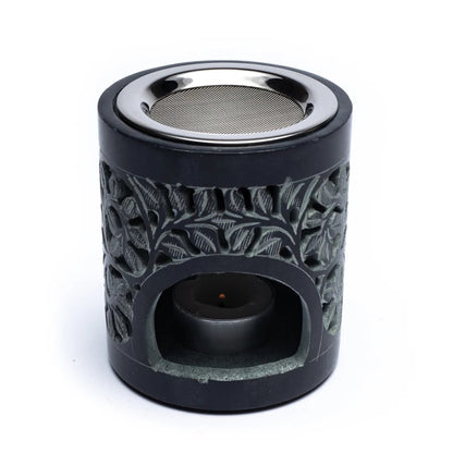 Encensoir/ Lampe en pierre à savon noire polie de 11cm - 860 gr. Excellente qualité. Produit  livré avec un tamis et un plateau !