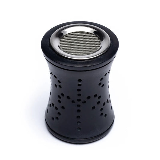 Encensoir/Lampe en pierre ollaire noire, 10 cm - 470 g, avec tamis et plateau – brûleur & diffuseur 2-en-1 !