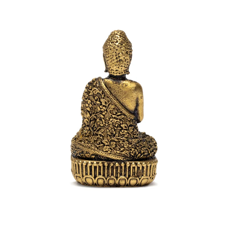 Petite statuette de Bouddha avec robe ornée d'un fin motif floral assis sur un trône de lotus - Fait en laiton - 3,5 cm/ 20 g