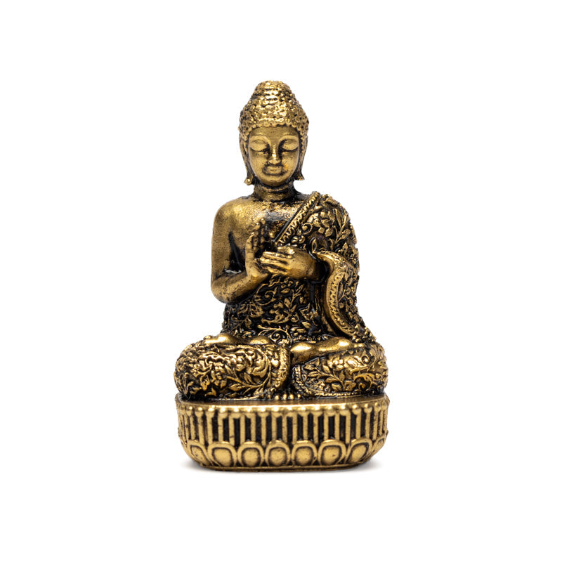 Petite statuette de Bouddha avec robe ornée d'un fin motif floral assis sur un trône de lotus - Fait en laiton - 3,5 cm/ 20 g