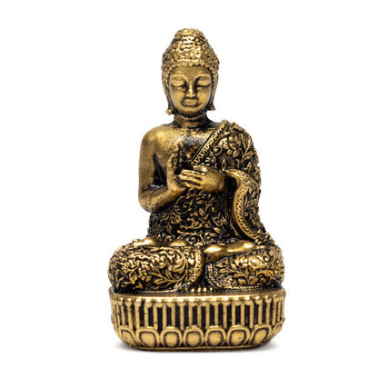 Petite statuette de Bouddha avec robe ornée d'un fin motif floral assis sur un trône de lotus - Fait en laiton - 3,5 cm/ 20 g