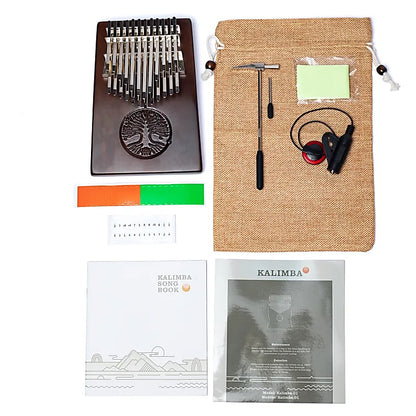 Kalimba Hluru 'electro', 24 notes en noyer d’Amérique, gravé d’un arbre de vie sculpté, pour une musique riche et vibrante !