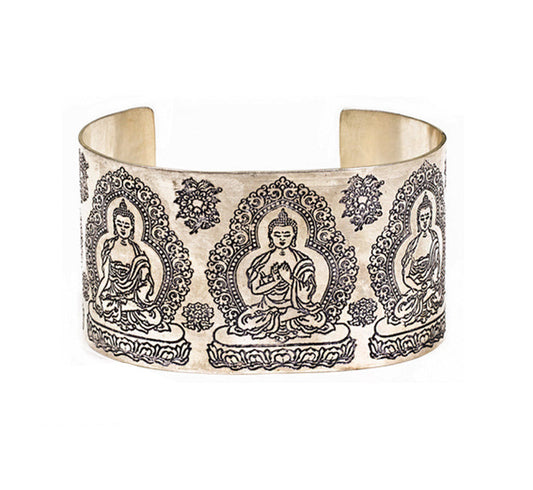 Bracelet pour épaule de type 'Manchette' de 7 centimètres, fait en laiton argenté, avec gravure de Bouddha ou de Tara, superbe pièce !