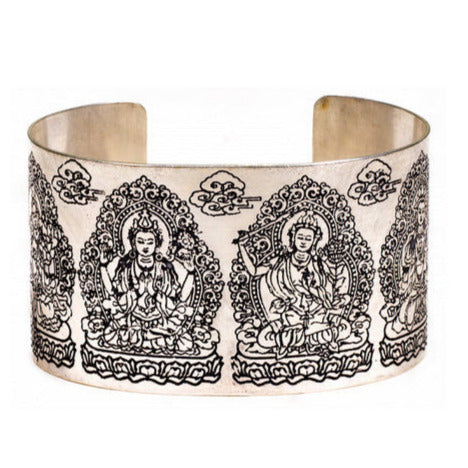 Bracelet pour épaule de type 'Manchette' de 7 centimètres, fait en laiton argenté, avec gravure de Bouddha ou de Tara, superbe pièce !