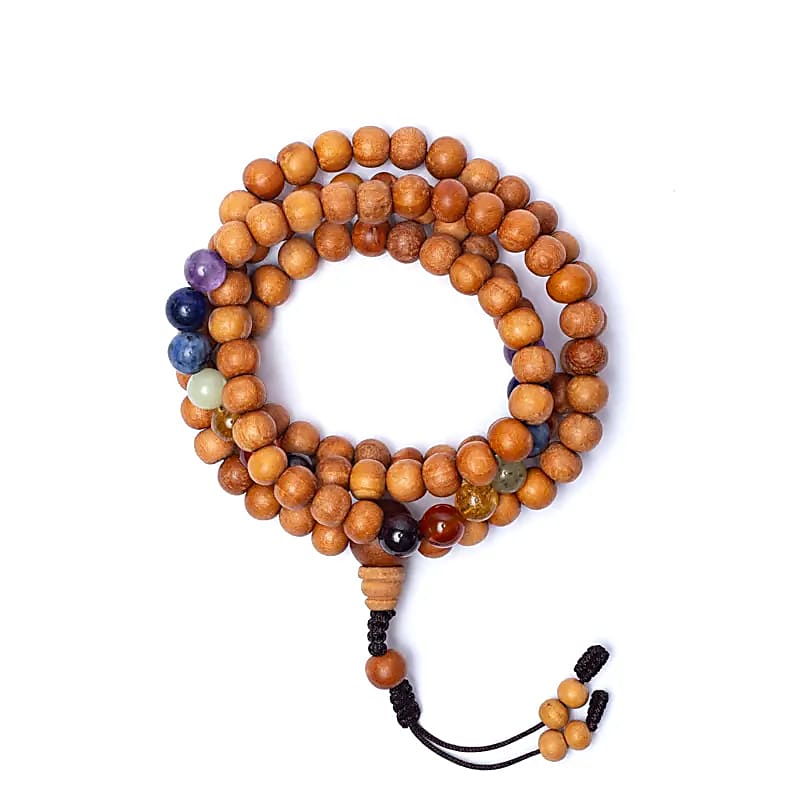Kadam seed and 7 chakra bead mala - 108 beads of ± 8 mm - Size 85 cm - Storage pouch included!