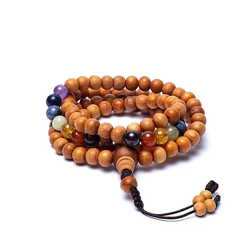 Kadam seed and 7 chakra bead mala - 108 beads of ± 8 mm - Size 85 cm - Storage pouch included!