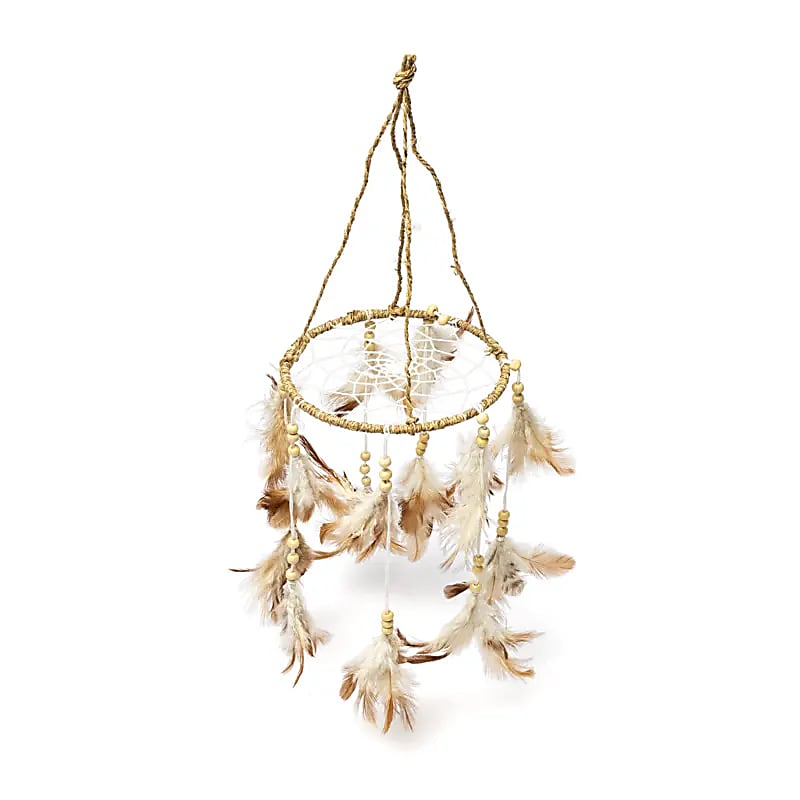 Attrape-rêves rond en chanvre, que des plumes et matiètres naturelles. Taille ±46x16 cm - Poids ± 45 gr. !